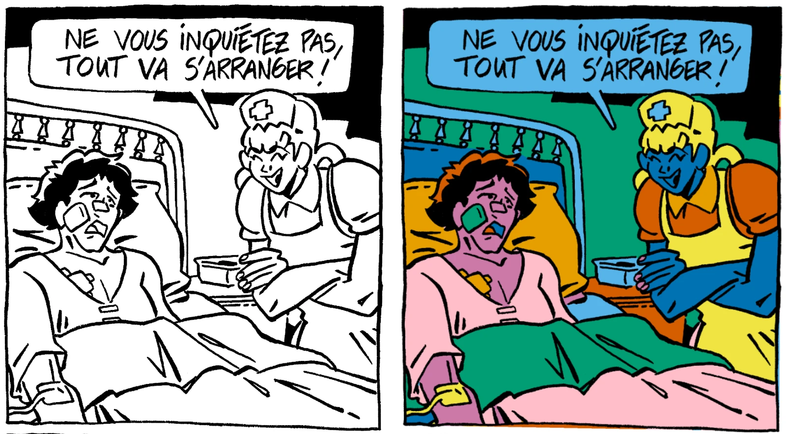 Left: the line art of one comic panel. Right: the same panel with its flats.